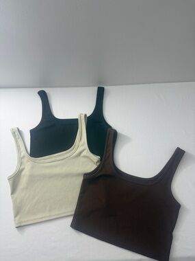 3x Basic Ribbed Scoop Neck Tank Top - Black, Cream, Brown